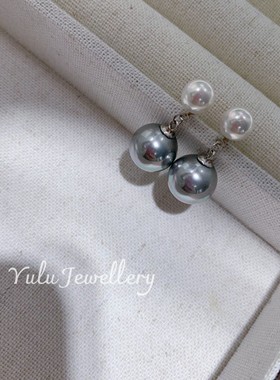 南洋母贝珍珠仿AK+铂金灰色正圆强光大小珠耳环耳坠纯银 精致时尚