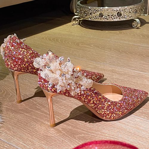 法式细跟中式新娘鞋红色高跟鞋