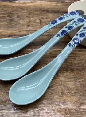 蓝色青花防摔勺密胺塑料喝汤勺加长版大号匙家用长柄饭店仿瓷勺子