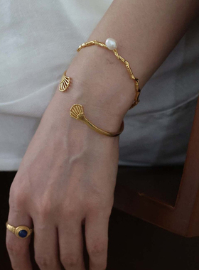 淡水珍珠手镯扇子形状手环叠戴新中式老钱风高级感2024秋冬新款