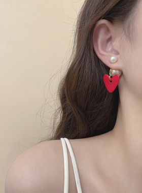 红色爱心珍珠耳环耳钉韩国进口烤漆925银针个性少女心桃心耳坠