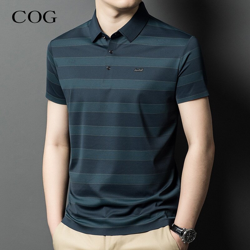 中老年男士短袖t恤桑蚕丝26夏季新款休闲高端冰丝翻领条纹Polo衫