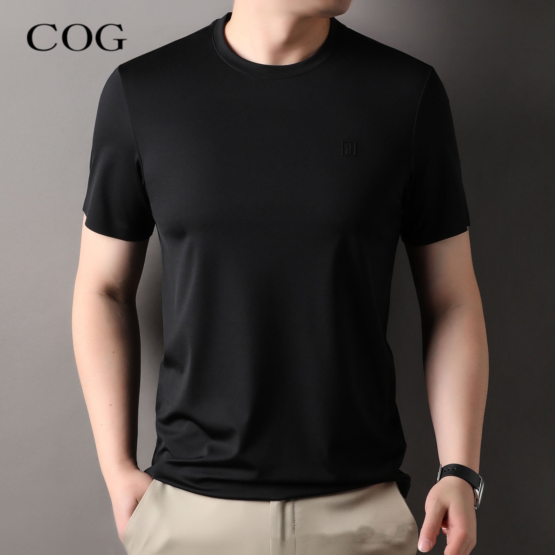 桑蚕丝男士短袖t恤2026夏季新款中年圆领绣花休闲薄款半袖体恤衫