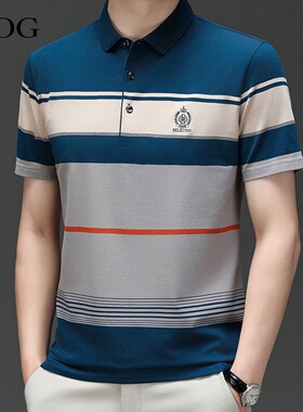 纯棉短袖T恤男士2026夏季新款中年商务翻领条纹POLO衫上衣打底衫