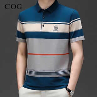 纯棉短袖T恤男士2026夏季新款中年商务翻领条纹POLO衫上衣打底衫