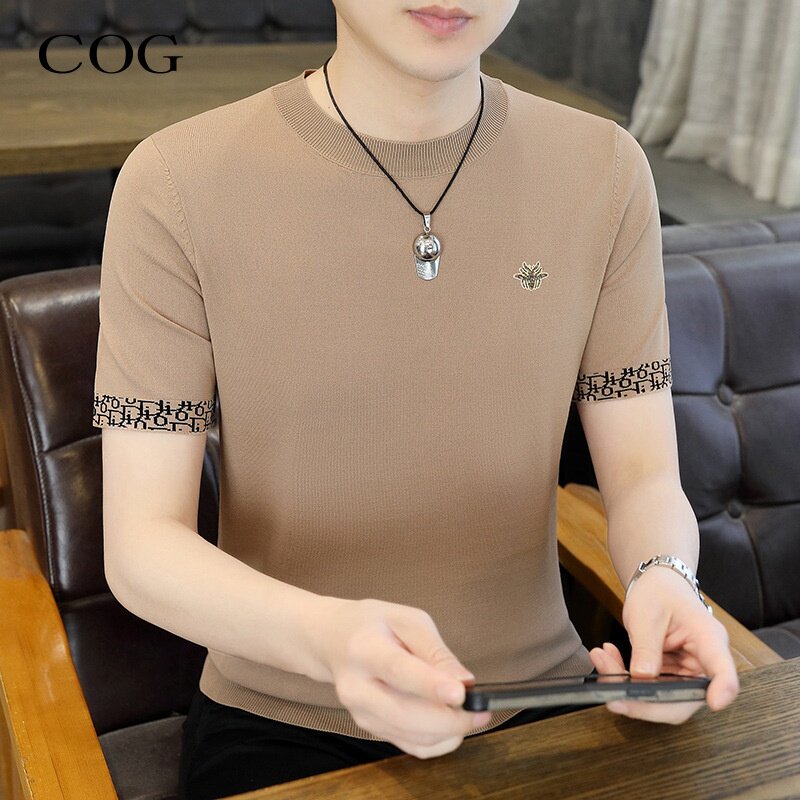 冰丝短袖T恤男2026夏季新款含桑蚕丝潮流针织圆领刺绣体恤衫上衣