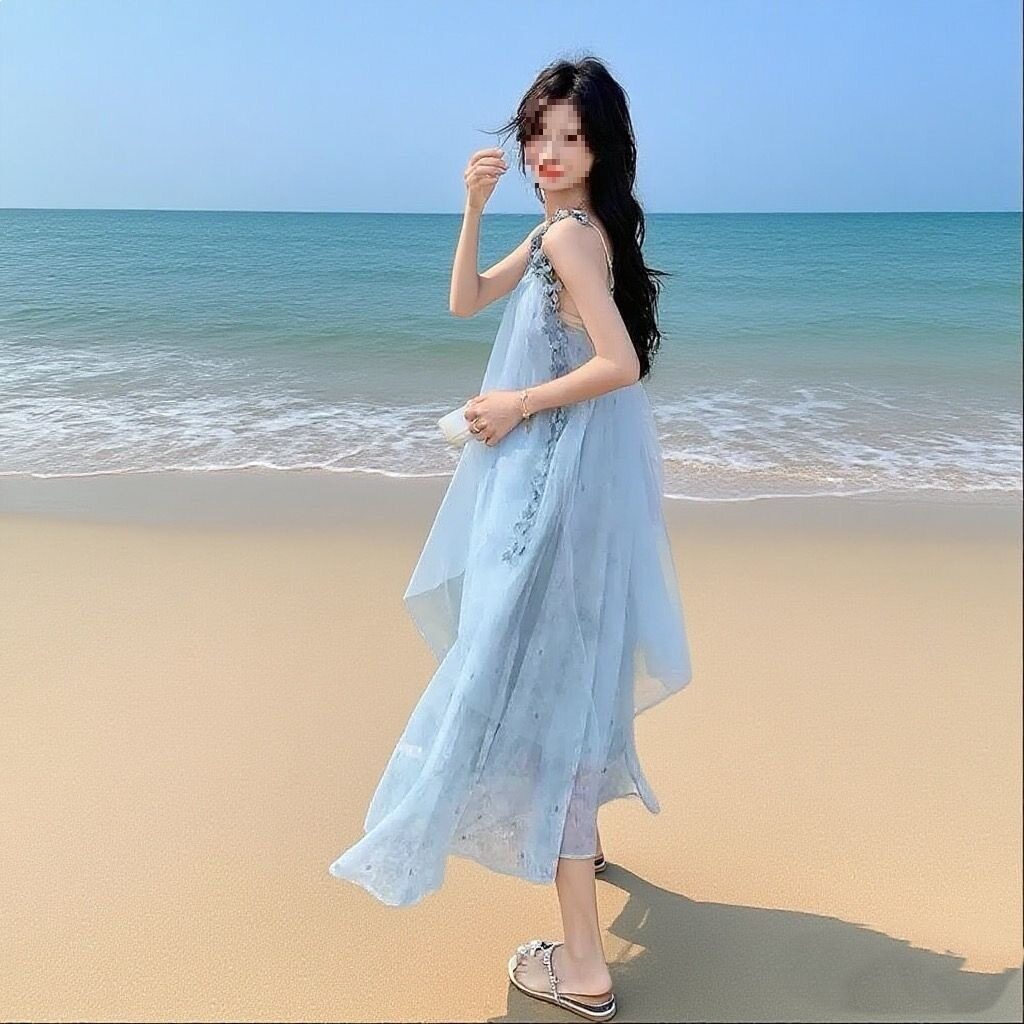 夏季新款韩版绝美蓝色晕染海边长裙气质显瘦流苏吊带连衣裙长裙女