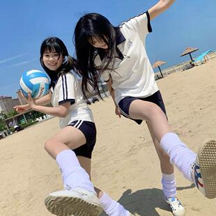 原创短袖polo衫女刺绣绀白体操服卫裤学院风运动制服套装校供感夏