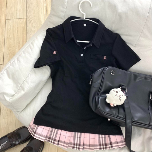 原创正版JK制服polo衫学院风日系甜美校供收腰刺绣短袖t恤上衣夏