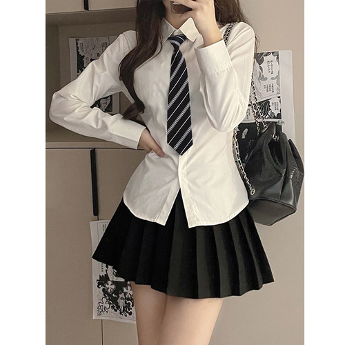 学院风JK收腰长袖衬衫女修身打底内搭白色衬衣设计感小众上衣春季