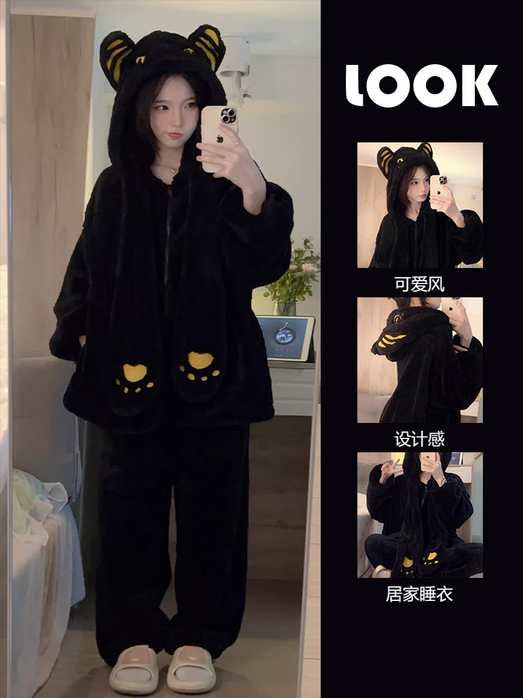 CARTOON CAT CORAL VELVET PAJAMAS WOMENS PLUSH THICKENED WINTER NEW BLACK PLUSH LOUNGEWEAR SET CAN BE WORN OUTSIDE