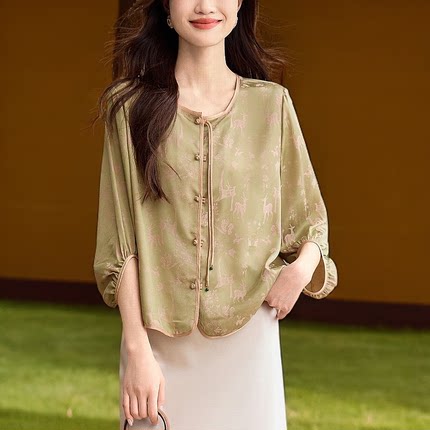 杭州丝绸新中式高档真丝衬衣女桑蚕丝中袖衬衣宽松显瘦香云纱小衫