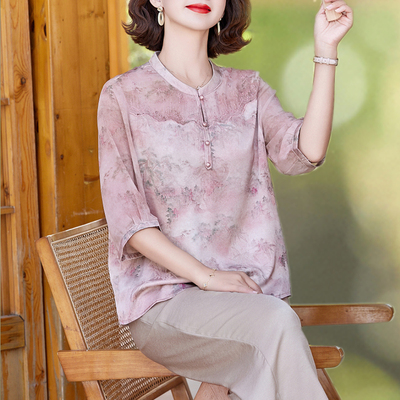 真丝七分袖上衣女桑蚕丝透气小衫