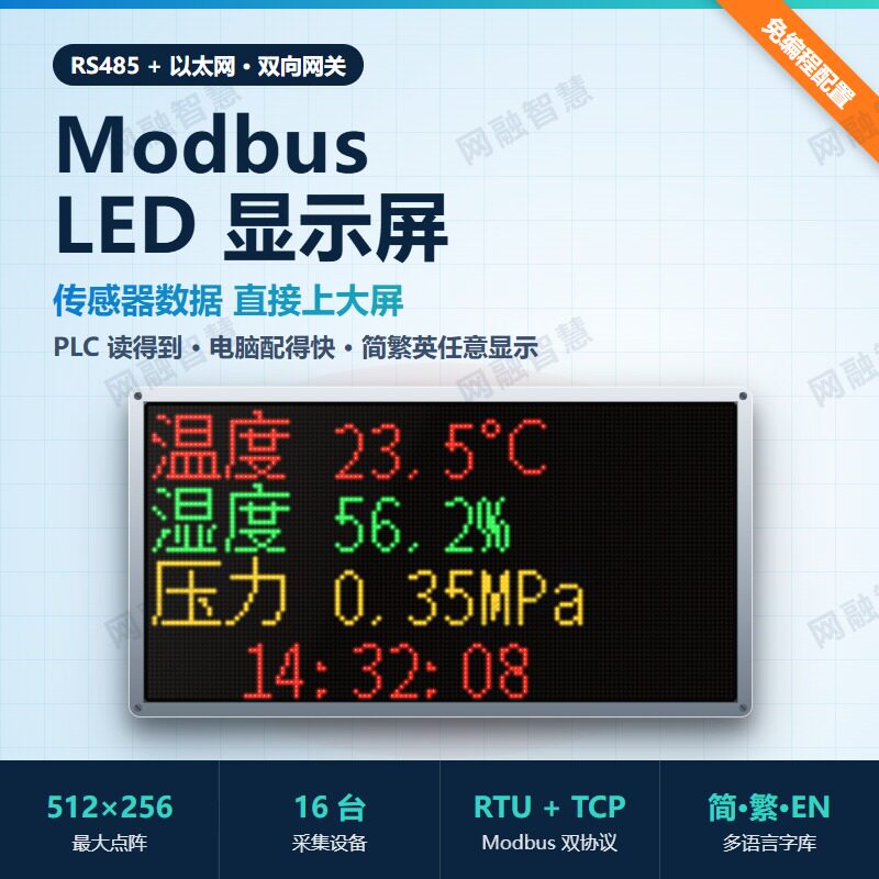 modbustcprtu4-20毫安模拟量pt100热电偶显示屏幕压力温度看板led