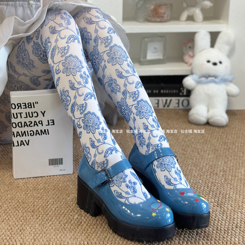 仙女喵Lolita青花瓷印花连裤袜女