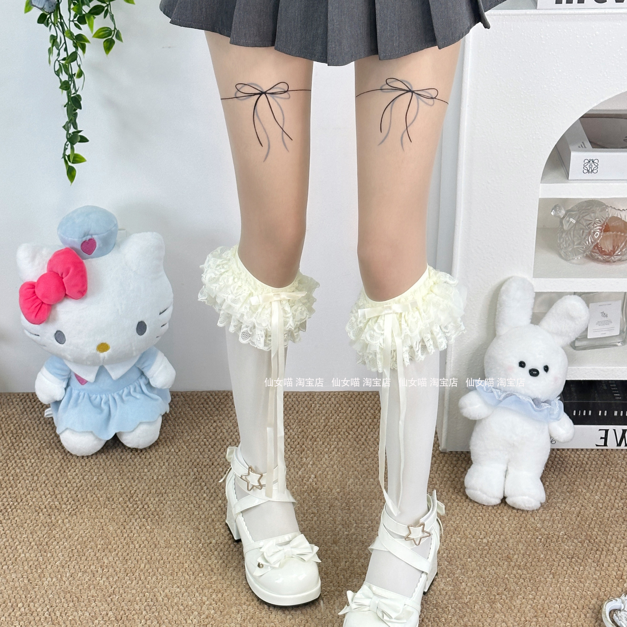 Lolita甜美蝴蝶结蕾丝花边中筒袜女透气亲肤天鹅绒奶油白小腿袜子,女士内衣/男士内衣/家居服,中筒袜,淘宝优惠券,粉丝福利购,淘宝优惠卷