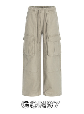 GON97 美式工装风多口袋宽松阔腿裤男女松紧腰百搭做旧休闲长裤子