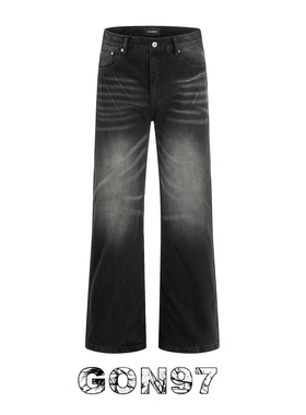 GON97 美式复古水洗做旧黑色微喇直筒牛仔裤男女猫须显瘦休闲长裤