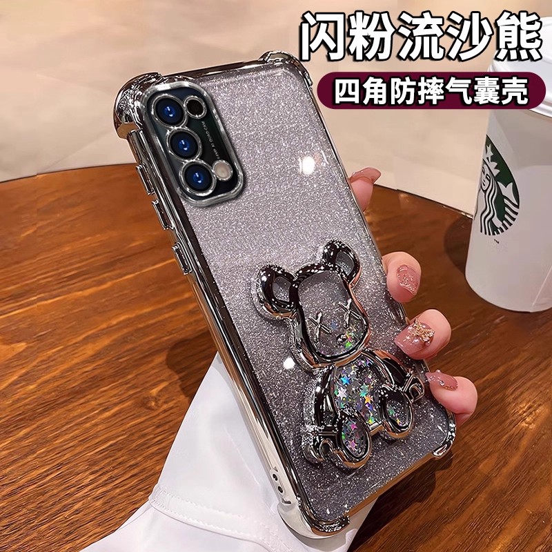 流沙暴力熊适用OPPOReno5手机壳reno5k新款保护套Reno5pro可爱男女生PEGM00透明电镀硅胶高级感防摔por软外壳