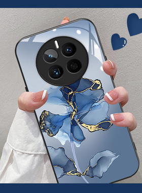 大理石蓝色花适用华为mate50手机壳MATE40新款30女50pro高级感40e钢化玻璃30pro防摔镜头全包M20硅胶10保护套