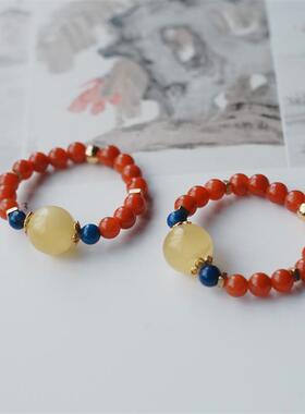 《锦瑟》蜜蜡南红戒指小米珠