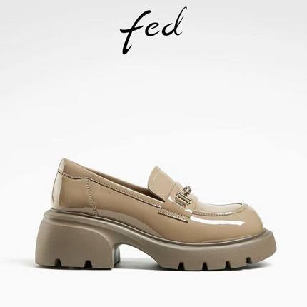 FED粗跟单鞋春季新款女鞋厚底真皮鞋杏色乐福鞋女款D0122-ZCA232