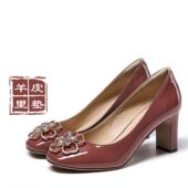 秋季 鞋 新款 女法式 FED真皮女鞋 时装 漆皮圆头浅口粗跟单鞋 高跟鞋 女