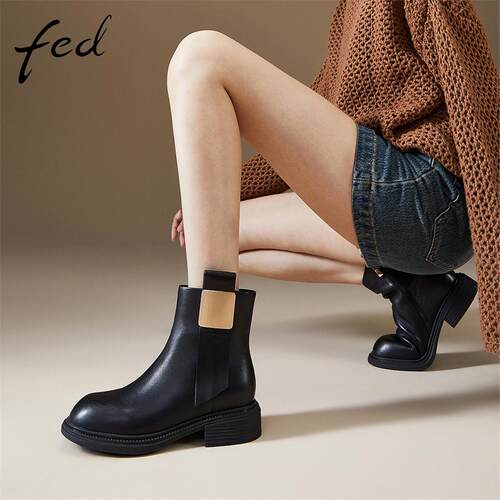 fed女鞋厚底短靴真皮秋冬
