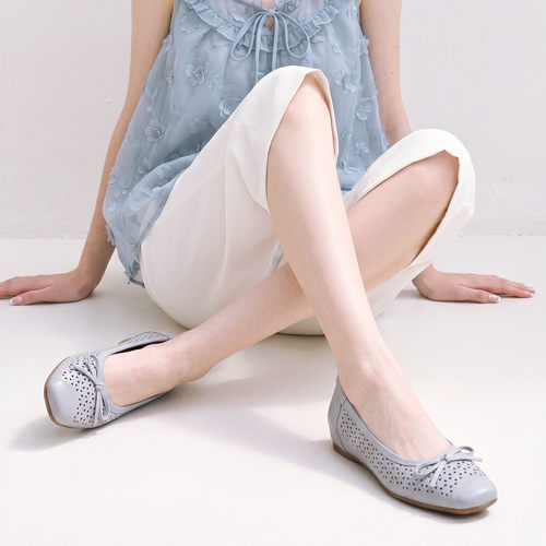 fed头层牛皮26夏季新款真皮镂空女鞋内增高平底单鞋妈妈豆豆鞋女