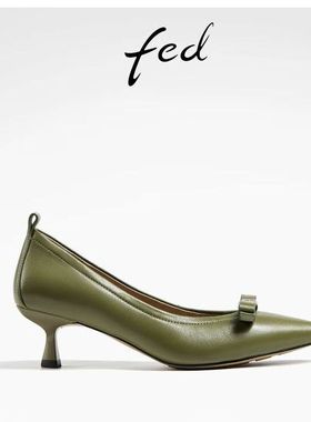 FED绿色高跟鞋春季新款女鞋蝴蝶结真皮鞋浅口单鞋女D0316-ZCA216