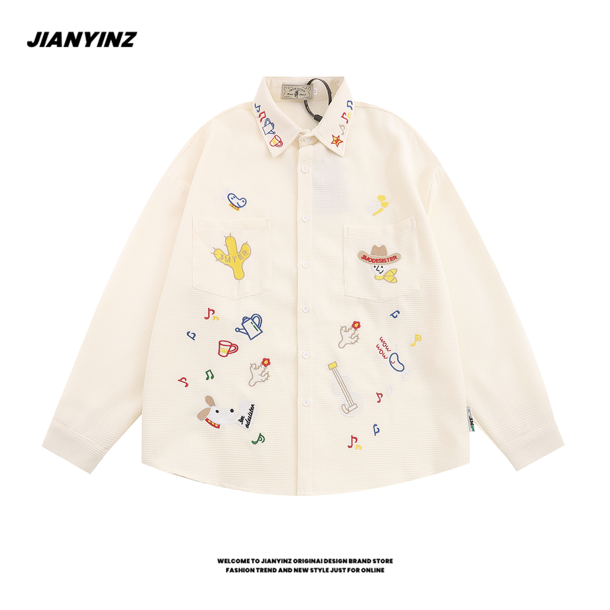 JIANYINZ日系复古趣味卡通刺绣长袖衬衫男女设计感小众BF情侣衬衣