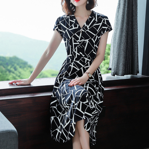 MY3235#流行印花裙子韩版中长款修身显瘦短袖长裙