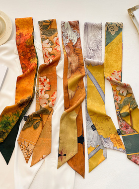 黄色复古风小长条细窄丝巾女绑包丝带扎头编发带飘带装饰领巾腰带