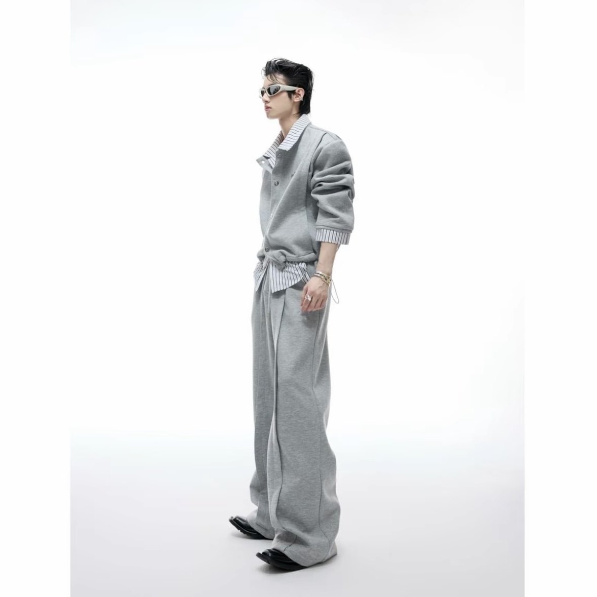 黑色假两件条纹衬衫领拼接夹克男秋冬美式高街痞帅高级感套装,男装,时尚套装,淘宝优惠券,粉丝福利购,淘宝优惠卷