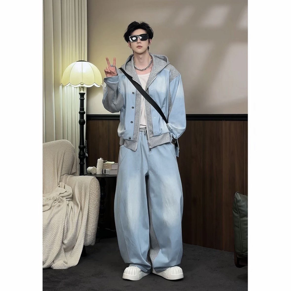 龙刀刀春季新品潮流美式复古拼接连帽卫衣百搭宽松牛仔长裤套装,男装,时尚套装,淘宝优惠券,粉丝福利购,淘宝优惠卷