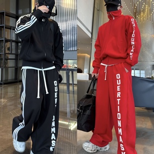 金先生冬季织带加绒印花字母开衫+可收口锥形弯刀裤