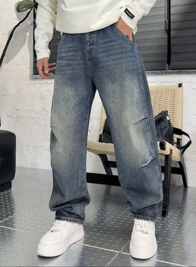 YULE语乐 26302复古水洗掐褶牛仔裤秋季休闲宽松直筒裤松紧腰长裤
