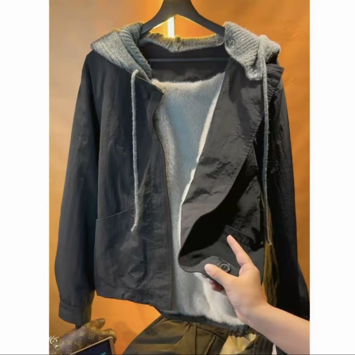 冬季男款休闲连帽加绒加厚保暖夹克外套潮流百搭潮牌拼接夹克卫衣