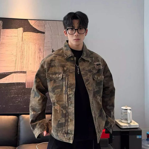 秋季美式复古迷彩战术牛仔外套男帅气潮流日系潮牌工装休闲夹克