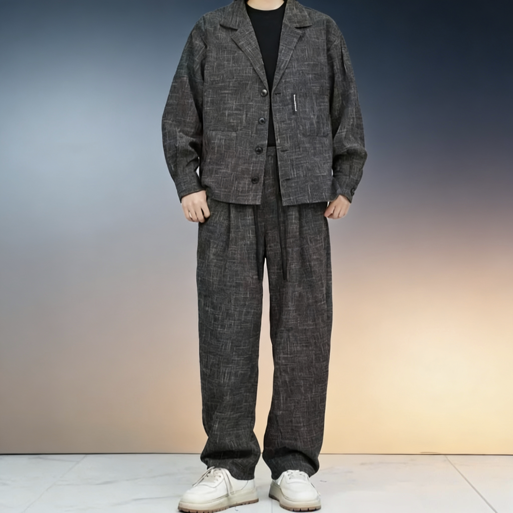 2026春季新款复古休闲风灰色格纹西装男宽松港风高级感套装外套