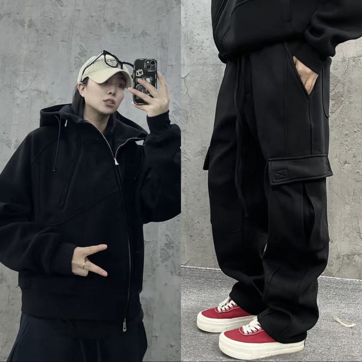 秋冬加厚复古斜拉链结构开衫连帽卫衣重磅休闲裤百搭休闲加绒套装