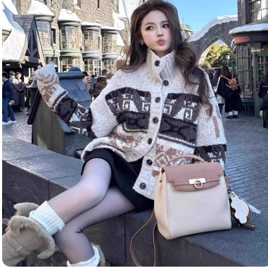 复古高领费尔岛花纹理撞色针织开衫毛衣女翻领纽扣圈圈纱慵懒外套