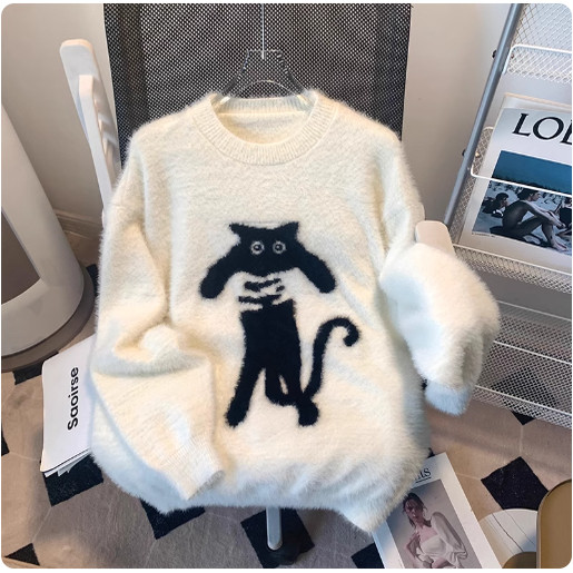 美式猫咪慵懒风宽松毛衣套头毛绒针织衫上衣长袖秋冬