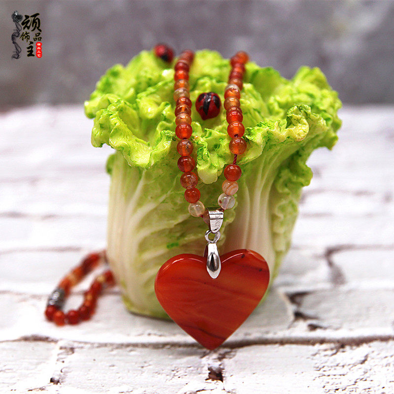 红心椭圆树叶形吊坠天然玛瑙女士夏季项链锁骨圆珠年轻中老年佩戴