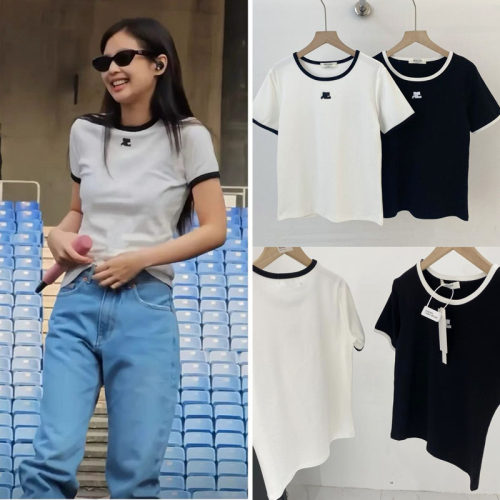 金智妮jennie明星同款26夏刺绣拼色短款修身短袖T恤小香风上衣女