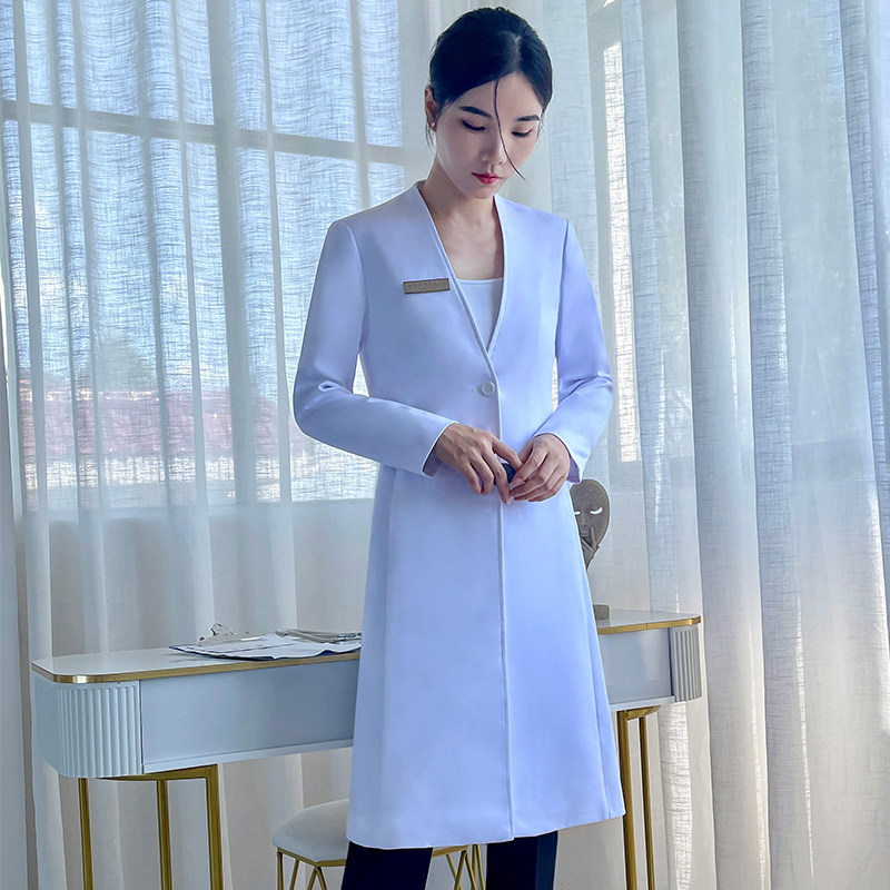 HIGH-END KOREAN DOCTORS UNIFORM WHITE COAT DENTIST CHINESE MEDICINE COAT GOWN SLIM MID-LENGTH