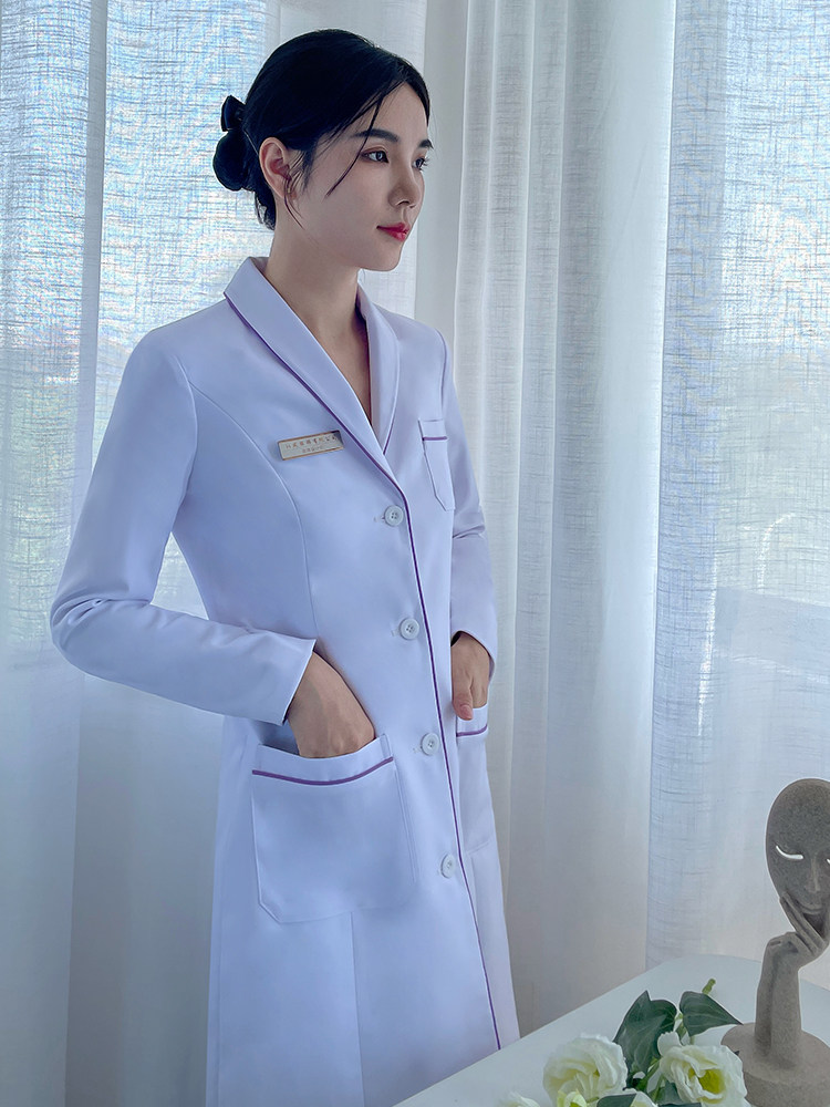 KOREAN-STYLE WHITE COAT LONG-SLEEVED DOCTORS UNIFORM SPRING AUTUMN AND WINTER WOMENS WHITE COAT PLASTIC SURGERY HOSPITAL BEAUTY SALON NURSE WORK CLOTHES
