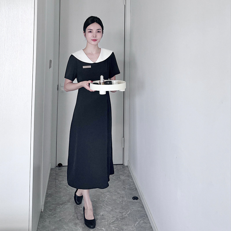 韩式美容院酒店SPA黑高端美甲纹绣前台顾问美容师工作服连衣裙女