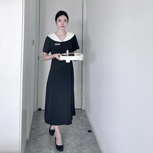 韩式美容院酒店SPA黑高端美甲纹绣前台顾问美容师工作服连衣裙女