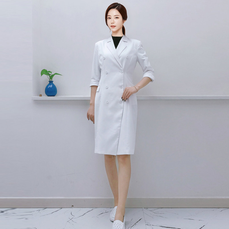 KOREAN AUTUMN AND WINTER MID-LENGTH PLASTIC SURGERY HOSPITAL FEMALE DOCTOR OVERALLS WHITE COATS KOREAN PATTERN EMBROIDERER BEAUTICIAN CLOTHING